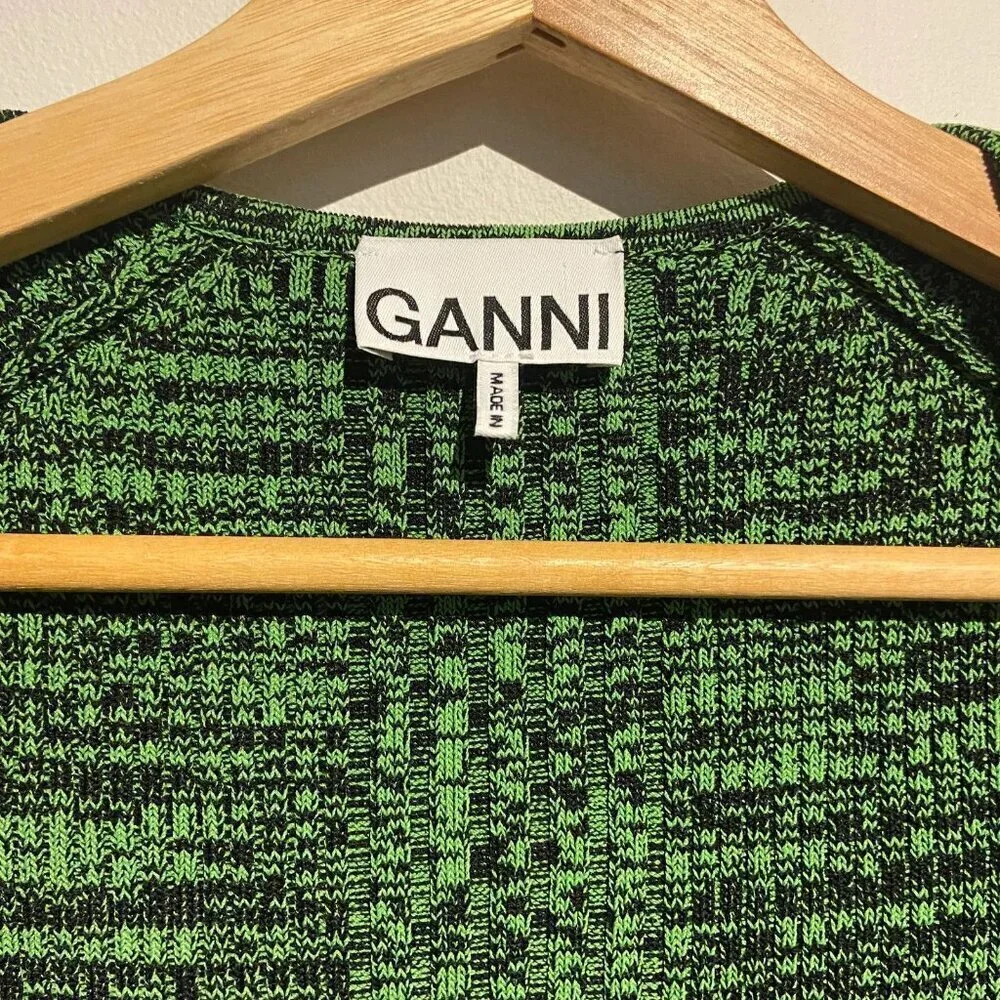 Ganni Melange Dress Midi Green Knit Long Sleeve Bodycon XS